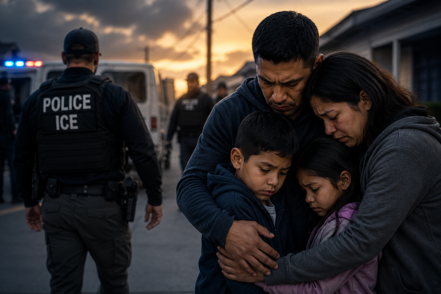 Una familia inmigrante hispana de cuatro integrantes abrazándose en una calle residencial al atardecer, con un operativo migratorio desenfocado al fondo