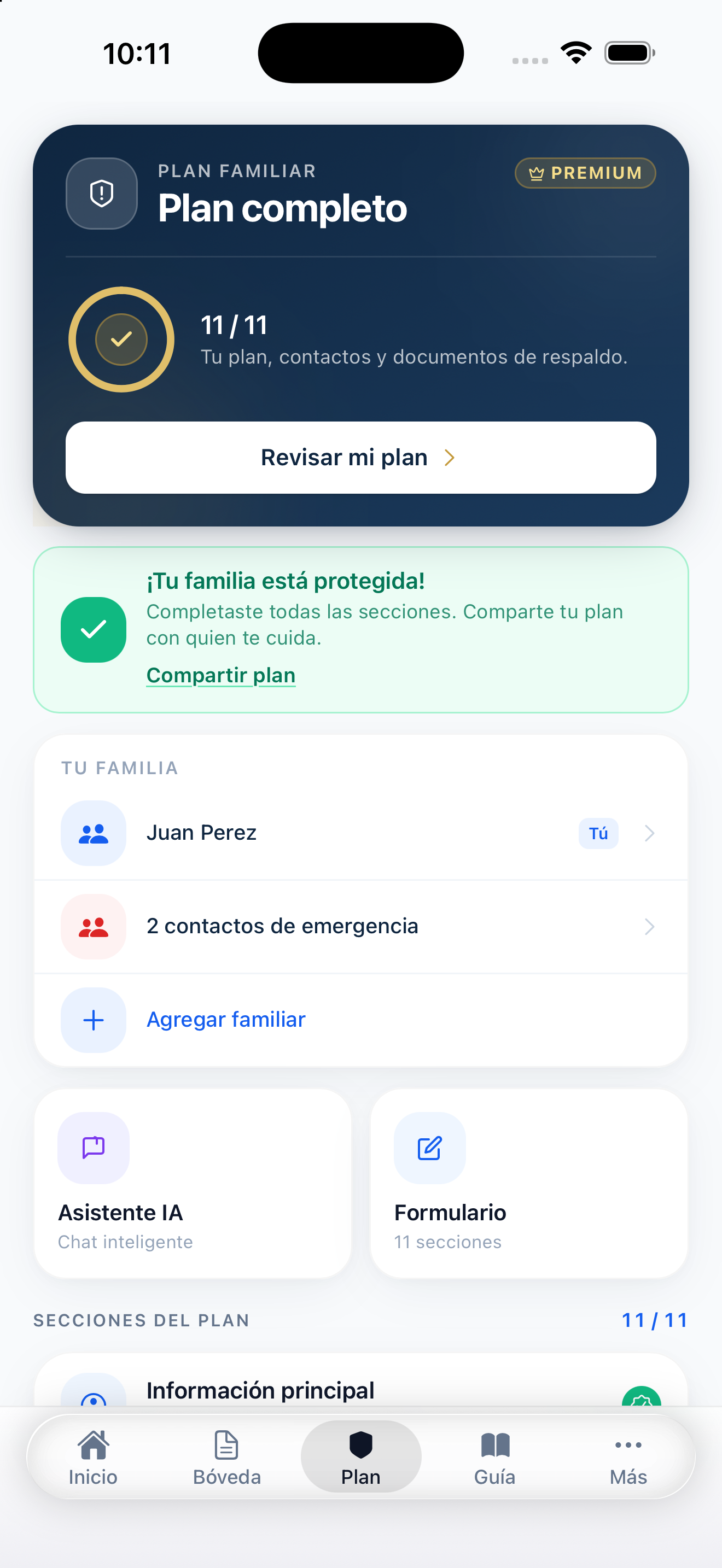 Plan familiar completo con contactos de emergencia