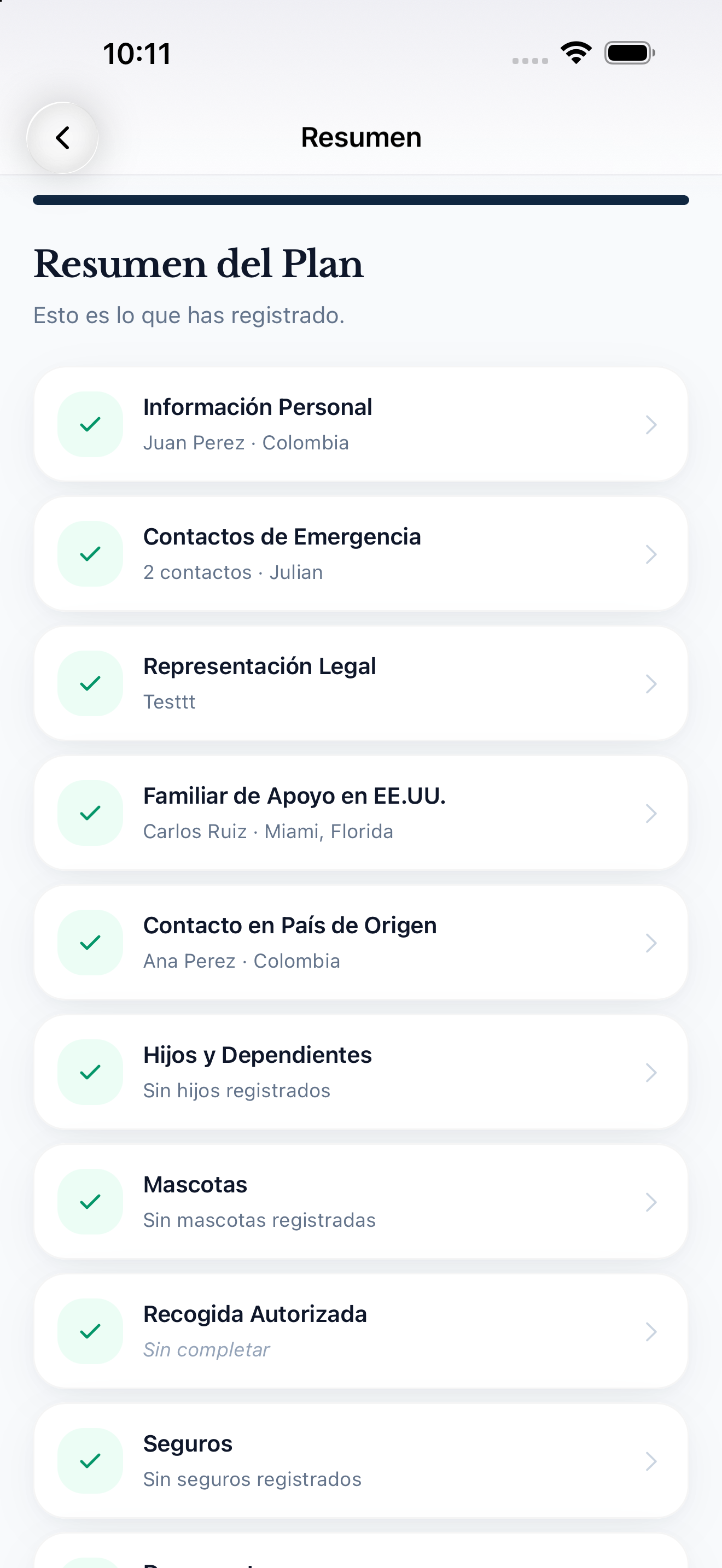Resumen del plan con todas las secciones registradas